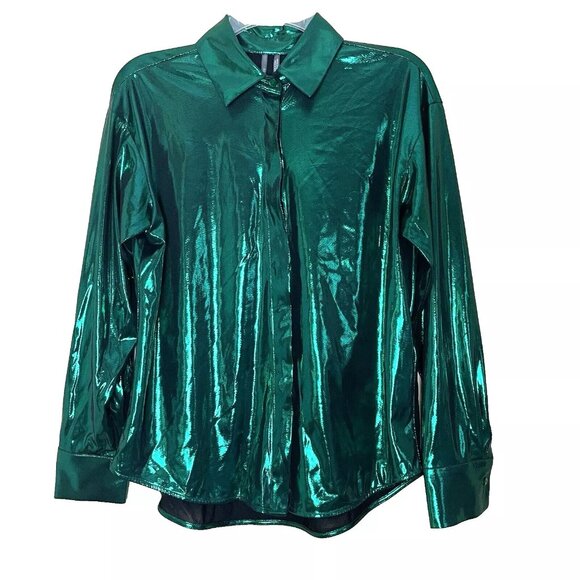 Anthropologie Gillian Liquid Shine Green Metallic Shirt Blouse Size Small - Picture 4 of 12